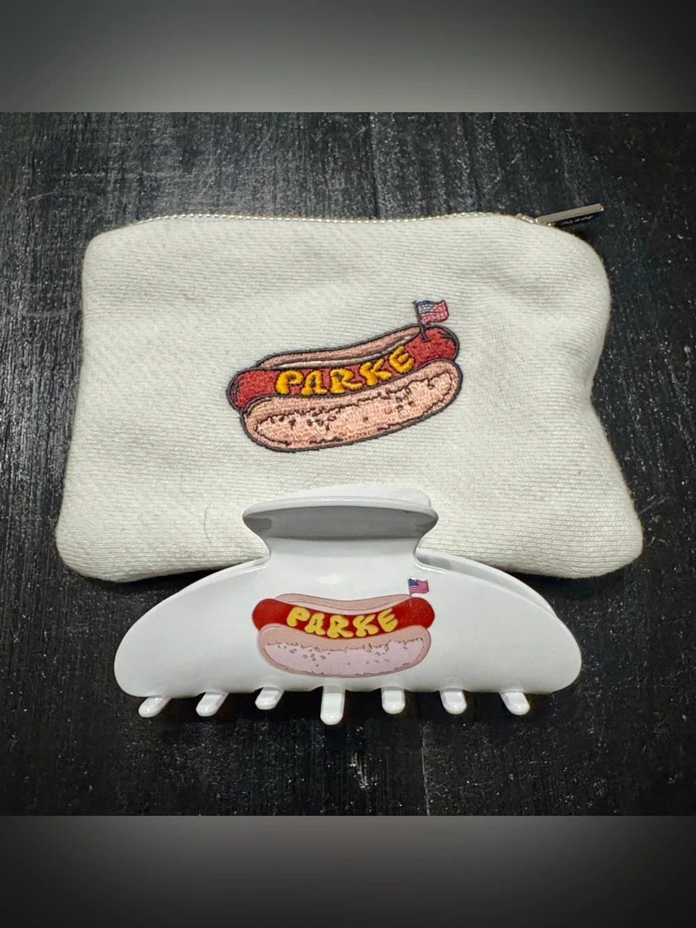 Parke Hotdog Claw Clip, Embroidered Pouch & Scrunchie Set
